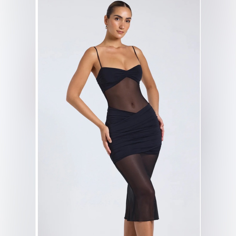 NWT Oh Polly Alviva Sheer Panelled Draped Midaxi Dress in Black
